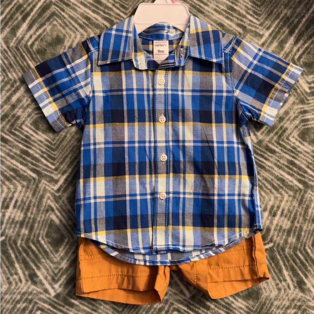 Carter's Blue and Yellow Plaid Button Down Shirt and short set